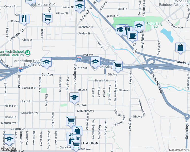 map of restaurants, bars, coffee shops, grocery stores, and more near 1175 Duane Avenue in Akron