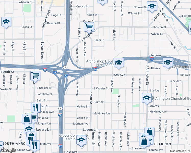 map of restaurants, bars, coffee shops, grocery stores, and more near 840 5th Avenue in Akron