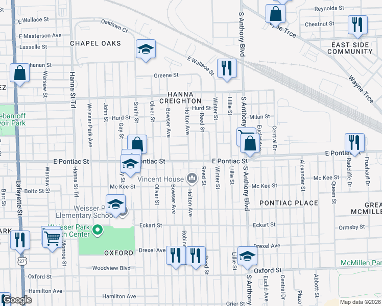 map of restaurants, bars, coffee shops, grocery stores, and more near 1331 East Pontiac Street in Fort Wayne