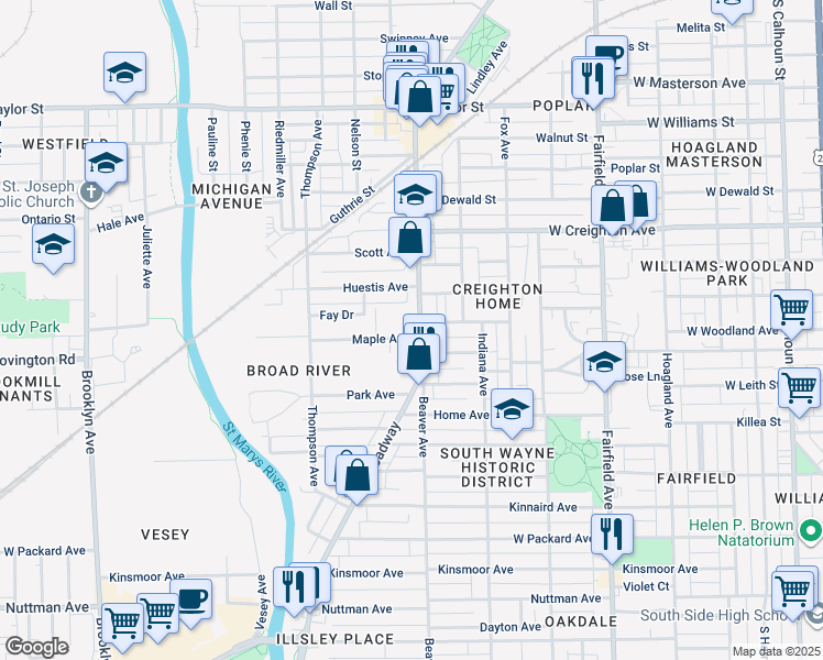 map of restaurants, bars, coffee shops, grocery stores, and more near in Fort Wayne