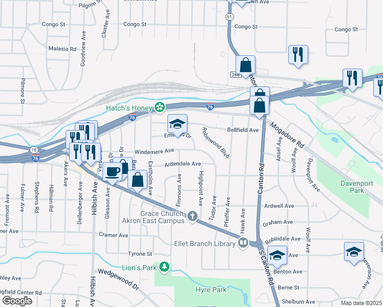 map of restaurants, bars, coffee shops, grocery stores, and more near 2308 Windemere Avenue in Akron