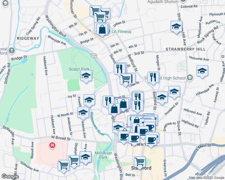 map of restaurants, bars, coffee shops, grocery stores, and more near 1633 Washington Boulevard in Stamford