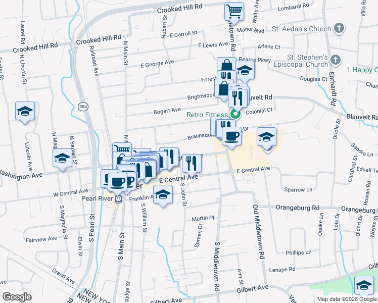 map of restaurants, bars, coffee shops, grocery stores, and more near 135 East Washington Avenue in Pearl River