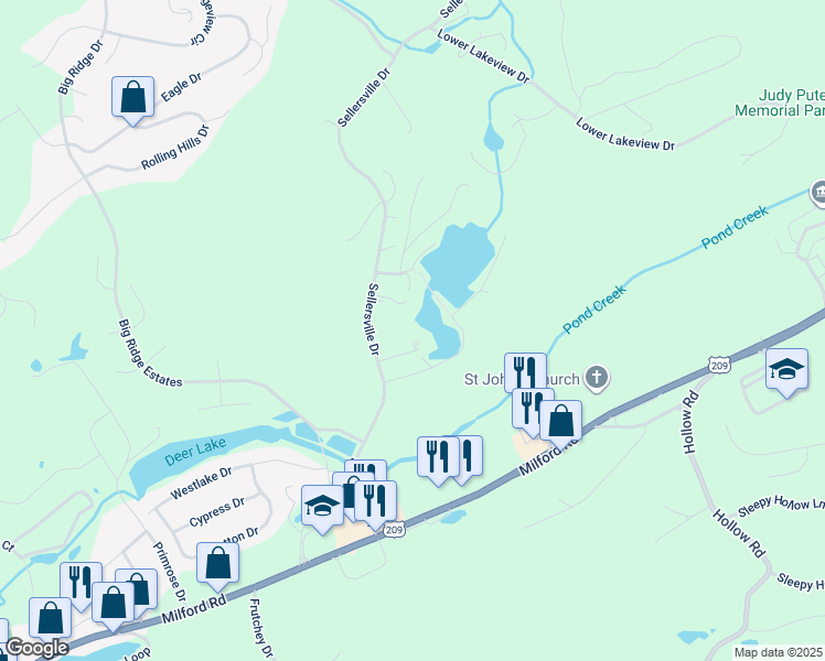 map of restaurants, bars, coffee shops, grocery stores, and more near 117 Split Road in East Stroudsburg