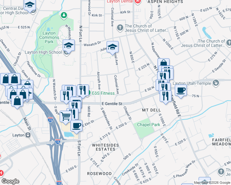 map of restaurants, bars, coffee shops, grocery stores, and more near 675 Adams Street in Layton