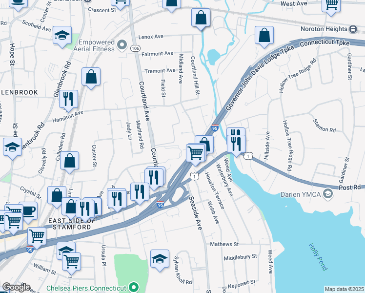 map of restaurants, bars, coffee shops, grocery stores, and more near 25 De Bera Lane in Stamford