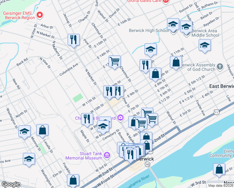 map of restaurants, bars, coffee shops, grocery stores, and more near 118 East 10th Street in Berwick