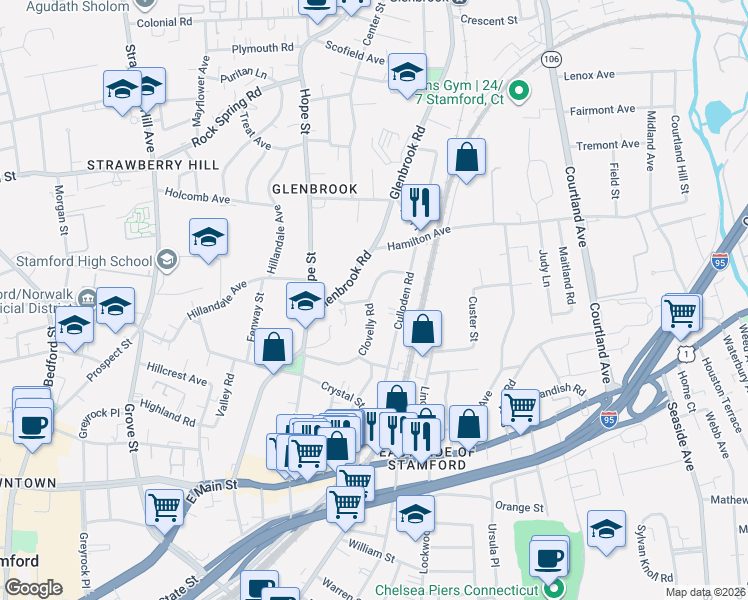 map of restaurants, bars, coffee shops, grocery stores, and more near 104 Clovelly Road in Stamford