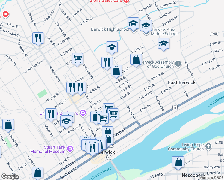 map of restaurants, bars, coffee shops, grocery stores, and more near 317 East 7th Street in Berwick