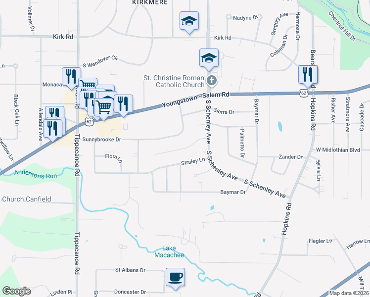 map of restaurants, bars, coffee shops, grocery stores, and more near 2949 Louise Rita Court in Youngstown