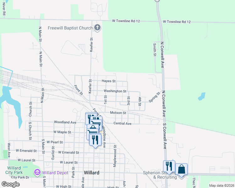 map of restaurants, bars, coffee shops, grocery stores, and more near 221 Spring Street in Willard