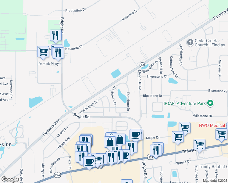 map of restaurants, bars, coffee shops, grocery stores, and more near 1425 Westshore Drive in Findlay