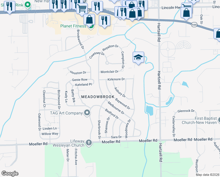 map of restaurants, bars, coffee shops, grocery stores, and more near 1226 Baywood Drive in New Haven