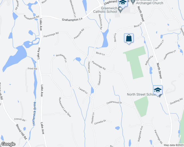 map of restaurants, bars, coffee shops, grocery stores, and more near 103 Husted Lane in Greenwich