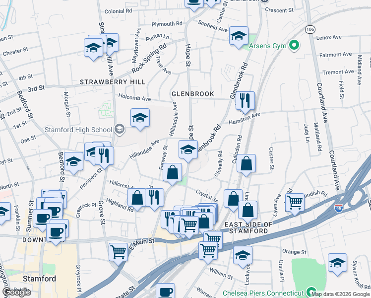 map of restaurants, bars, coffee shops, grocery stores, and more near 14 Hope Street in Stamford