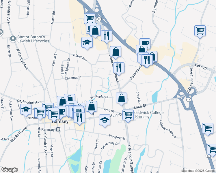 map of restaurants, bars, coffee shops, grocery stores, and more near 208 Washington Drive in Ramsey