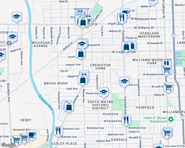 map of restaurants, bars, coffee shops, grocery stores, and more near 915 Grace Avenue in Fort Wayne