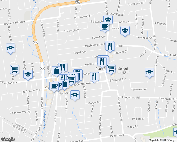 map of restaurants, bars, coffee shops, grocery stores, and more near 135 East Washington Avenue in Pearl River