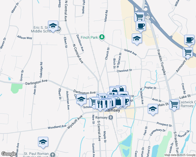 map of restaurants, bars, coffee shops, grocery stores, and more near 116 North Central Avenue in Ramsey