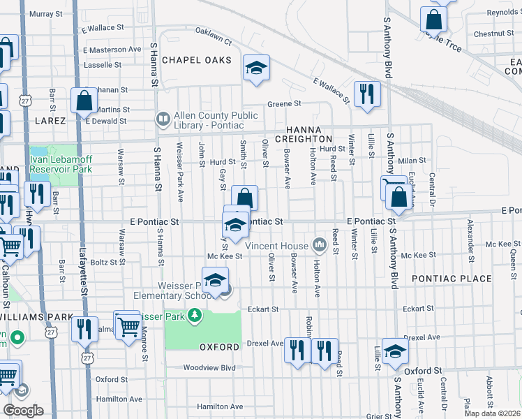 map of restaurants, bars, coffee shops, grocery stores, and more near 2608 Oliver Street in Fort Wayne