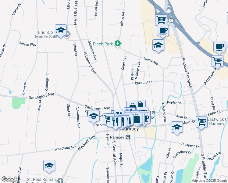 map of restaurants, bars, coffee shops, grocery stores, and more near 116 North Central Avenue in Ramsey