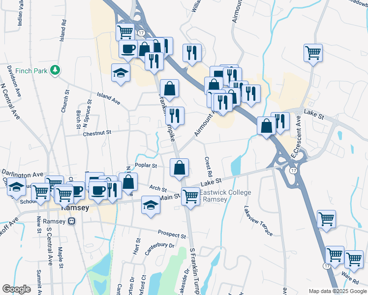 map of restaurants, bars, coffee shops, grocery stores, and more near 14 Airmount Avenue in Ramsey