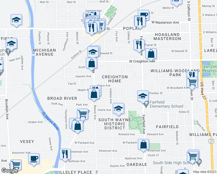 map of restaurants, bars, coffee shops, grocery stores, and more near 905 Grace Avenue in Fort Wayne