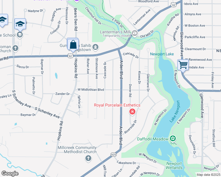 map of restaurants, bars, coffee shops, grocery stores, and more near 3642 Shelby Road in Youngstown
