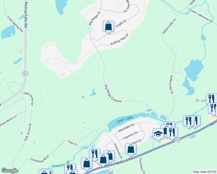 map of restaurants, bars, coffee shops, grocery stores, and more near 345 Big Ridge Estates in East Stroudsburg