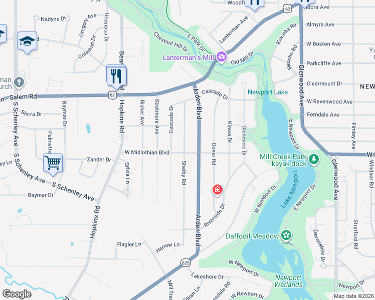 map of restaurants, bars, coffee shops, grocery stores, and more near 3905 Shelby Road in Youngstown
