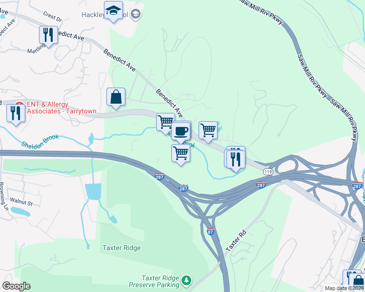 map of restaurants, bars, coffee shops, grocery stores, and more near 600 White Plains Road in Tarrytown