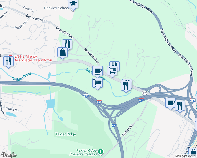 map of restaurants, bars, coffee shops, grocery stores, and more near 600 White Plains Road in Tarrytown