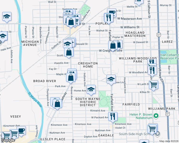 map of restaurants, bars, coffee shops, grocery stores, and more near 801 Grace Avenue in Fort Wayne
