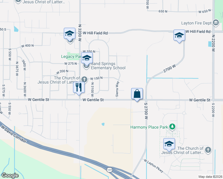 map of restaurants, bars, coffee shops, grocery stores, and more near 54 North 2975 West in Layton