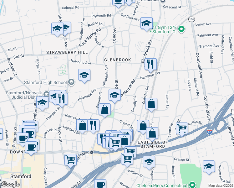 map of restaurants, bars, coffee shops, grocery stores, and more near 180 Glenbrook Road in Stamford