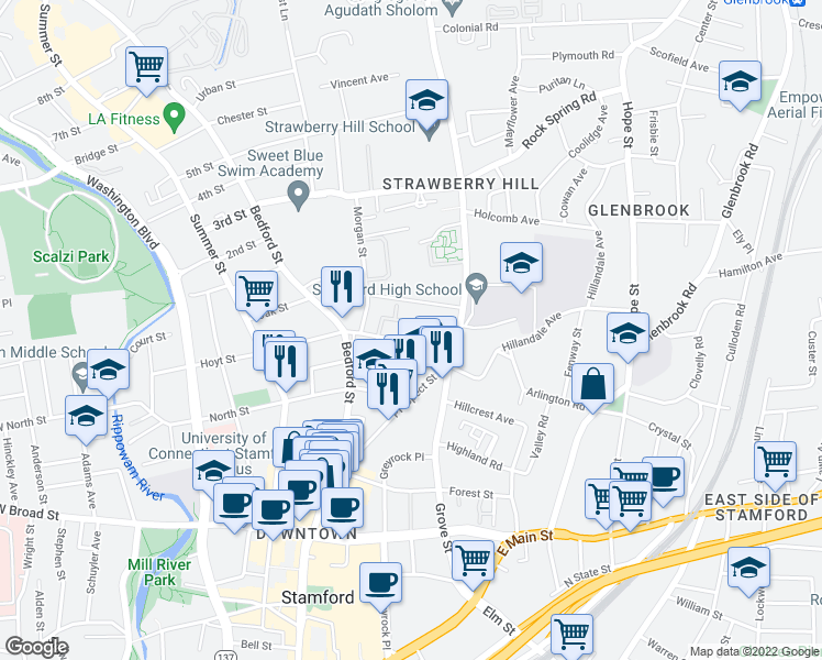 map of restaurants, bars, coffee shops, grocery stores, and more near 26 Strawberry Hill Avenue in Stamford