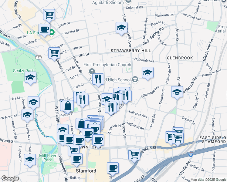 map of restaurants, bars, coffee shops, grocery stores, and more near 112 Hoyt Street in Stamford
