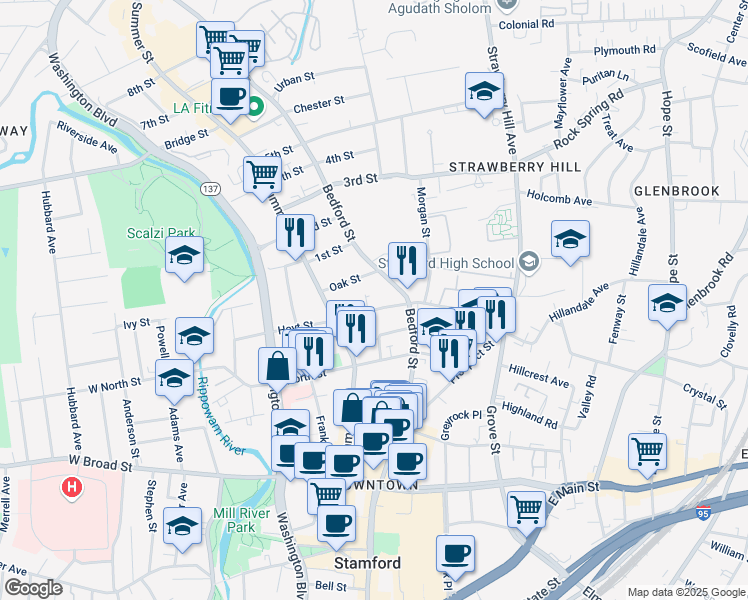 map of restaurants, bars, coffee shops, grocery stores, and more near 48 Hoyt Street in Stamford