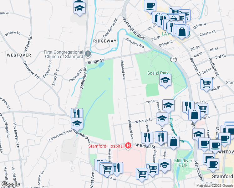 map of restaurants, bars, coffee shops, grocery stores, and more near 3 Golf View Circle in Stamford