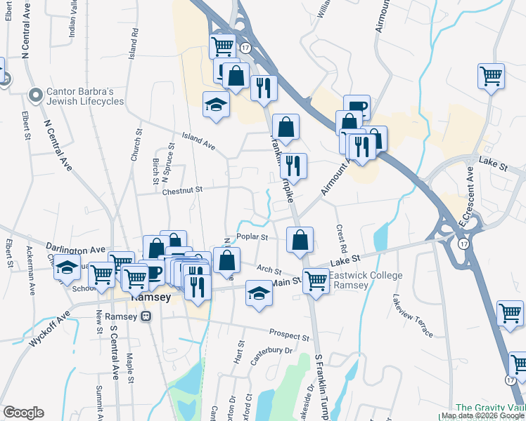 map of restaurants, bars, coffee shops, grocery stores, and more near 201 Washington Drive in Ramsey