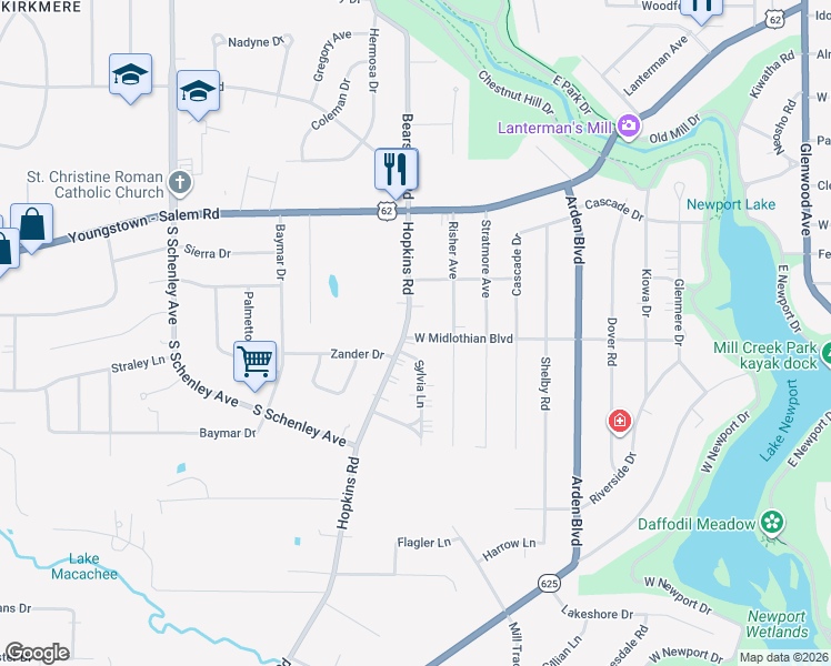 map of restaurants, bars, coffee shops, grocery stores, and more near in Youngstown