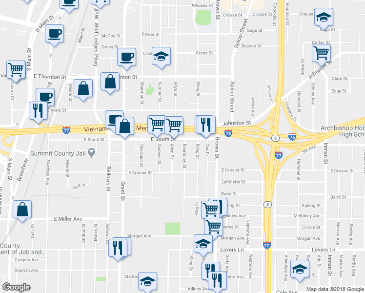 map of restaurants, bars, coffee shops, grocery stores, and more near 780 Beardsley Street in Akron