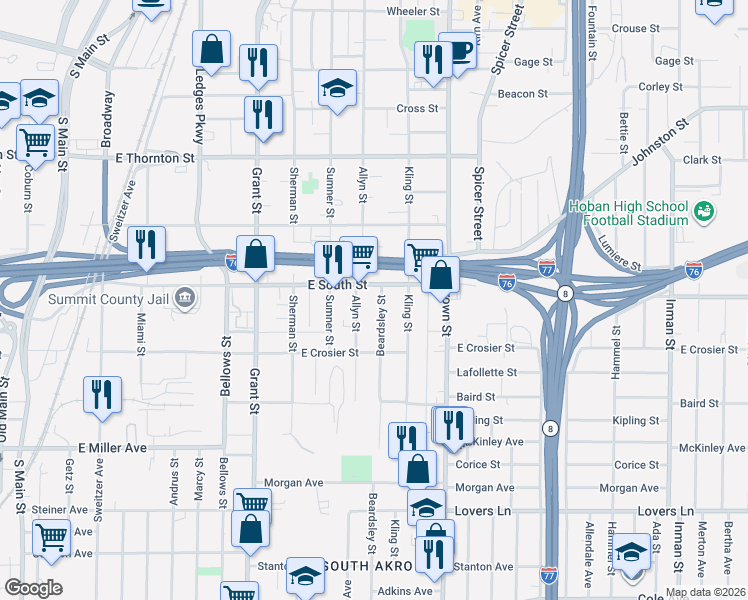 map of restaurants, bars, coffee shops, grocery stores, and more near 780 Beardsley Street in Akron
