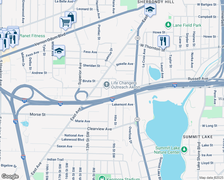 map of restaurants, bars, coffee shops, grocery stores, and more near 1378 Hite Street in Akron