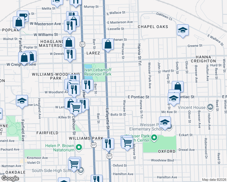 map of restaurants, bars, coffee shops, grocery stores, and more near 2607 Lafayette Street in Fort Wayne