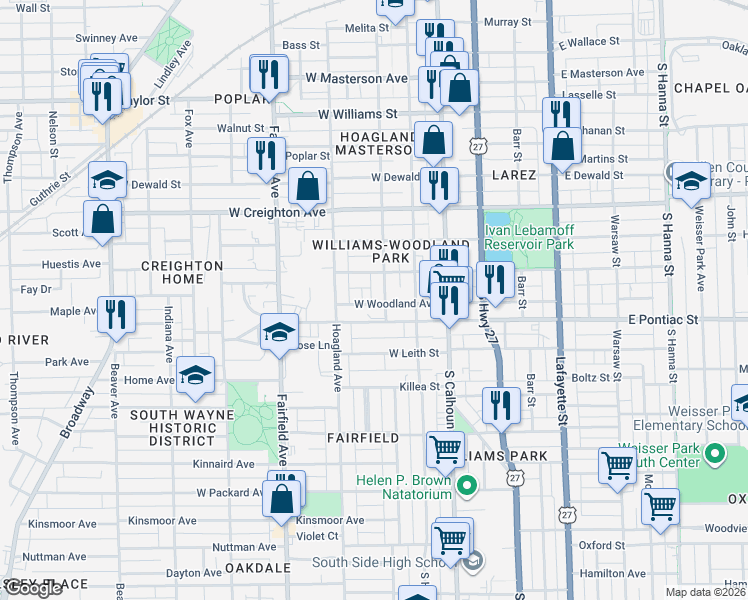 map of restaurants, bars, coffee shops, grocery stores, and more near 336 West Woodland Avenue in Fort Wayne