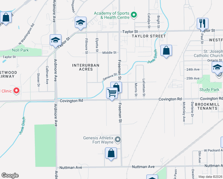 map of restaurants, bars, coffee shops, grocery stores, and more near 3222 Covington Road in Fort Wayne