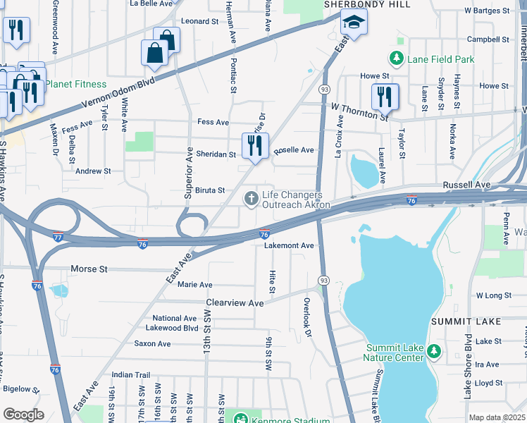 map of restaurants, bars, coffee shops, grocery stores, and more near 1378 Hite Street in Akron