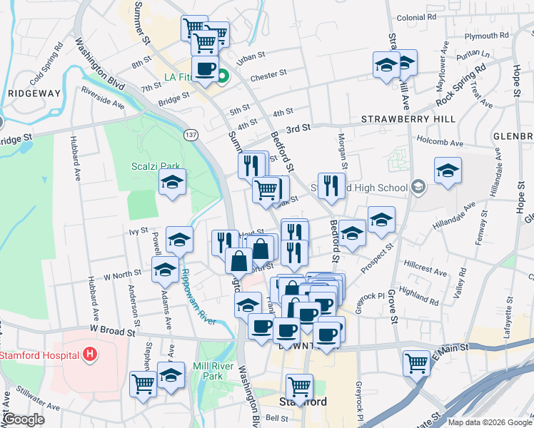 map of restaurants, bars, coffee shops, grocery stores, and more near 1234 Summer Street in Stamford