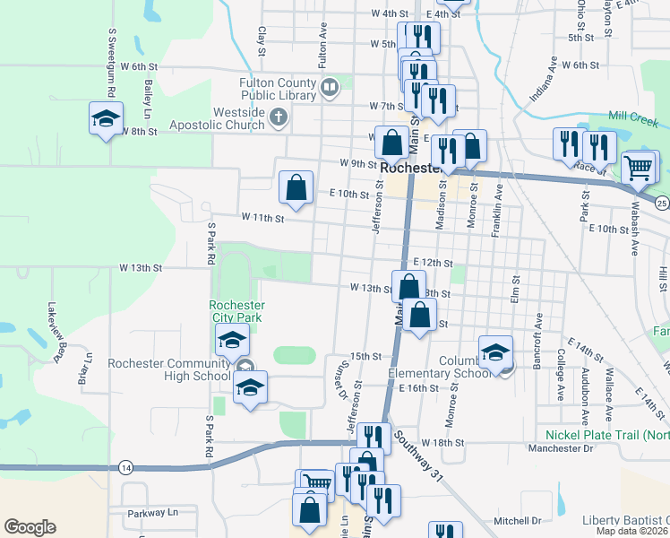 map of restaurants, bars, coffee shops, grocery stores, and more near 300-398 West 13th Street in Rochester